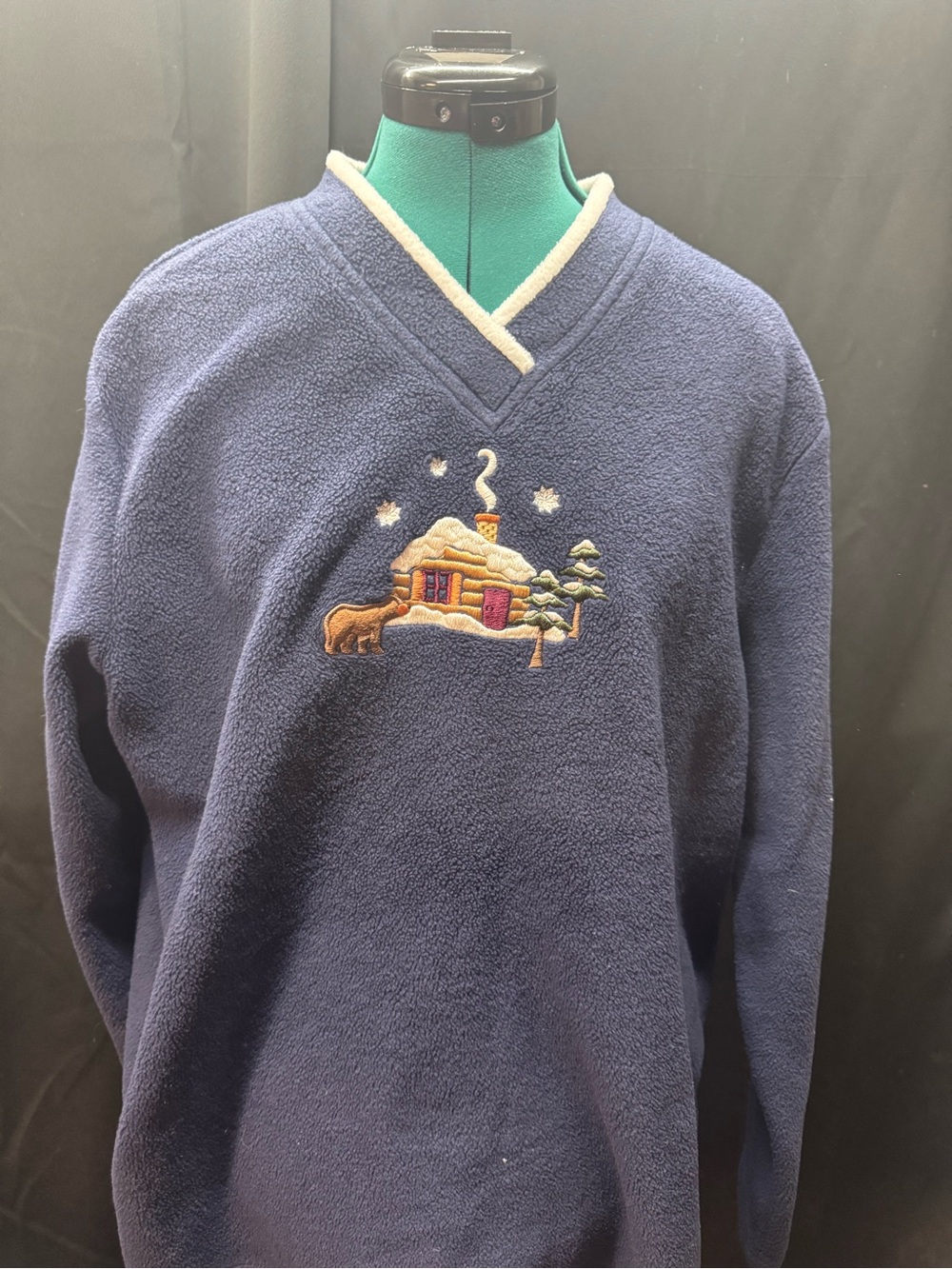 Navy Fleece Sweater with Cabin Embroidery